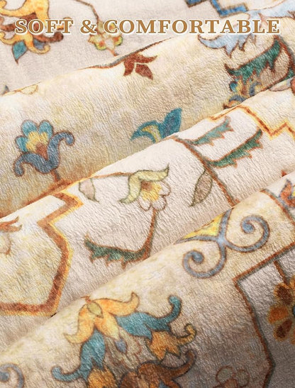 SERISSA Boho Washable Runner Rug, 2'6"x8' Rug Runner Non-Slip Vintage Light Yellow Hallway Kitchen Runner Rug Ultra Soft Print Distressed Floor Carpet Runner for Bedroom Bathroom Laundry Room