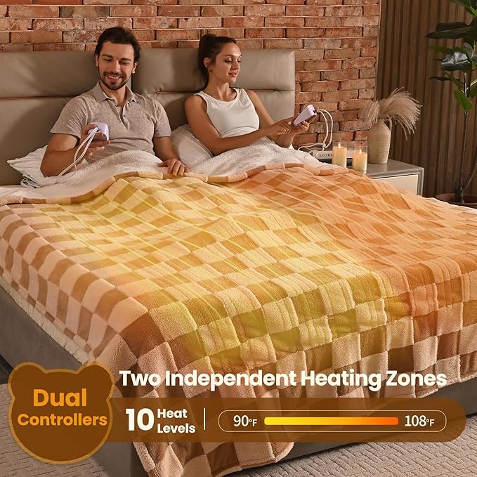 Bearhug Heated Blanket King Size 100" x 90" Dual Controller Electric Blanket, Reversible Brown Plaid Sherpa Heating Blanket, 10-Heat Levels & 1-12H Auto Off, ETL, Machine Washable