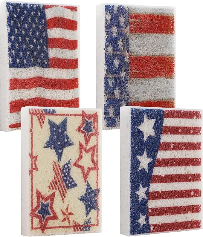 4Pcs USA Flag Heavy Duty Kitchen Dish Sponges | Large Odor Free Non-Scratch by Mainlyrunmakeupsuppliers