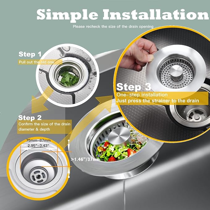 Kitchen Sink Drain Strainer 3 in 1, 304 Stainless Steel Pop Up Sink Stopper - Image 5