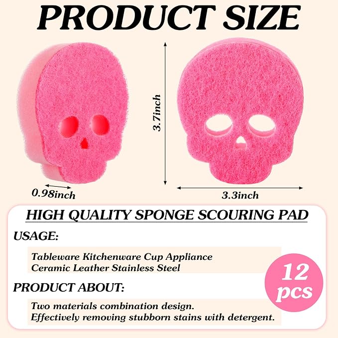Tioncy 12 Pack Skull Kitchen Sponges Bulk Dual Sided Scrubber Pink Sponges - Image 3