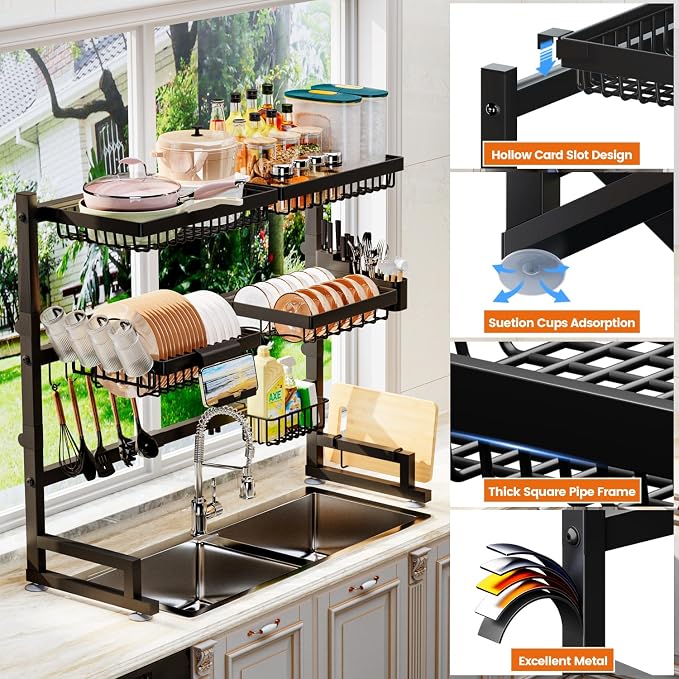 Over The Sink Dish Drying Rack 27-40L x 12W x 32.5-37H Snap-On Design 2 Tier - Image 6