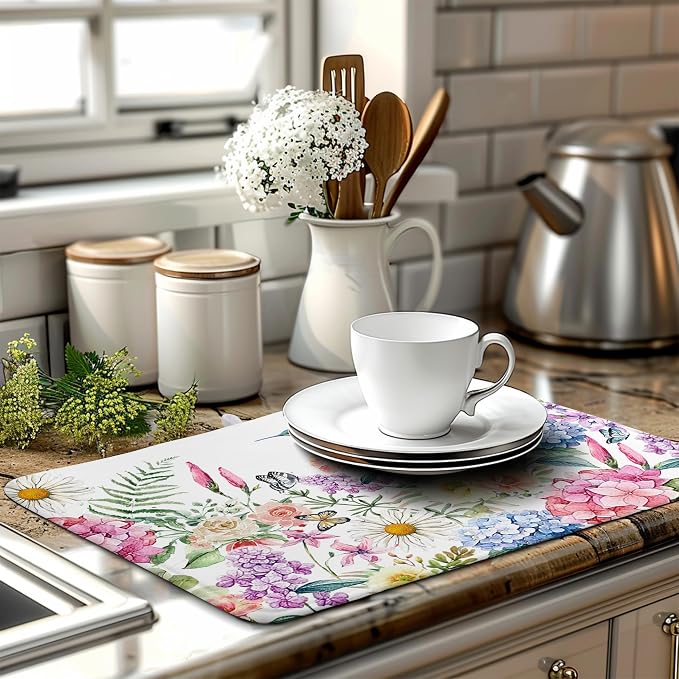 Spring Floral Birds Dish Drying Mat Summer Butterfly Flowers Kitchen Dish - Image 6