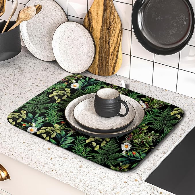 Green Botanical Dish Drying Mat 16x18 Inch Plant Leaf Fast Dry Dish Drainer - Image 5