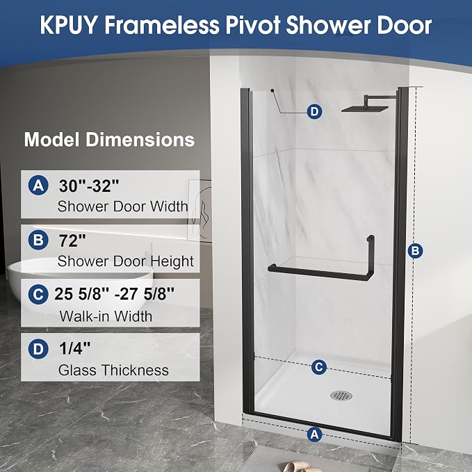 KPUY Pivot Shower Door, 30-32" W x 72" H Frameless Single Swing Glass Shower - Image 4