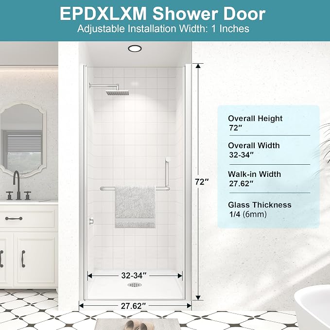 Frameless Pivot Shower Door 32"-34" Wx72 H, 1/4" Clear Nano Coated Tempered - Image 6