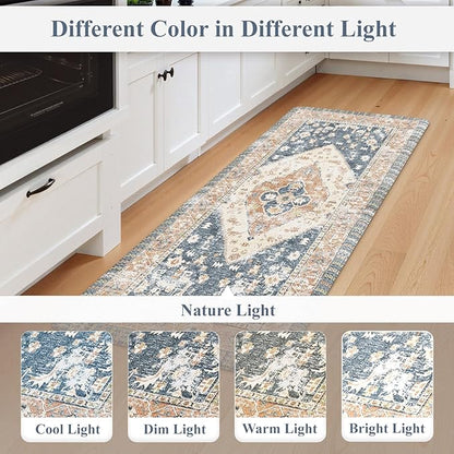 KIMODE Kitchen Rugs and Mats 2PCS Cushioned Anti Fatigue Kitchen Mat Non-Skid Waterproof Kitchen Runner Rug for Kitchen Decor,Floors,Office,Laundry,Blue and Gold