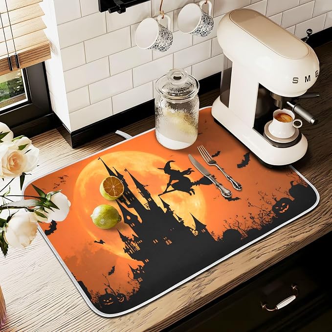 Halloween Witch Bat Castle Pumpkin Dish Drying Mat - Image 8