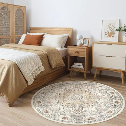 Round Rug Living Room Rugs: 6Ft Washable Boho Neutral Large Circle Soft Indoor Floral Stain Resistant Floor Farmhouse Carpet for Bedroom Nursery Kids Playroom Office Dining Room Dorm Home- Cream Blue
