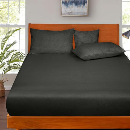 ROYALE LINENS 300 Thread Count 100% Long Staple Combed Cotton Fitted Sheet Twin - Super Soft Deep Pocket Bottom Sheet - Fitted Sheets Only - Elastic Sheets (Twin, Black)