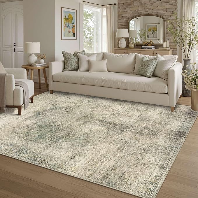 Vintage 5x7 Area Rug, Washable Green Rugs - Image 4