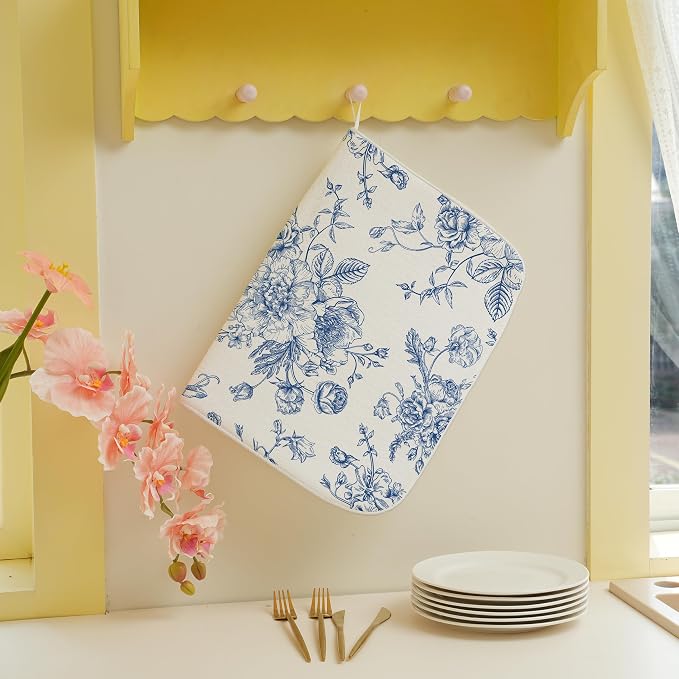 Blue Floral Dish Drying Mats 18x24 Inch Blue and White Chinoiserie Flower - Image 4