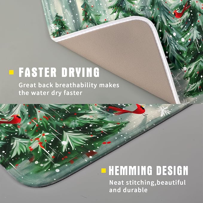 Winter Pine Tree Dish Drying Mat Red Bird Berry Dishes Drainer Mats Absorbent - Image 3