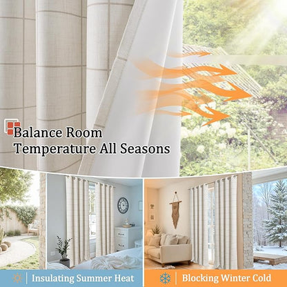 Plaid Curtains Pattern Printed 90 Inches Long - Total Linen Blackout Curtains for Living Room, Boho Cottage Core Grommet Drapes for Farmhouse Thermal Drapery 52x90 Inch 2 Panels, Natural
