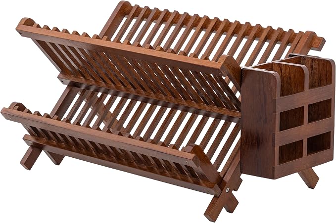 HBlife Dish Rack, Teak Folding 2-Tier Collapsible Drainer Dish Drying Rack by HBlife