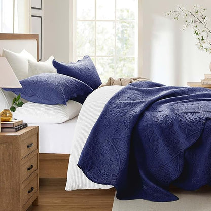 IR Imperial Rooms Twin Quilt Bedding Set Size (68” x 86”) + 1 Pillow Shams (20” x 26” + 2”) - 2 Pcs All Season Lightweight Reversible Microfiber Coverlet Floral Embossed Quilt Bedspread (Blue)