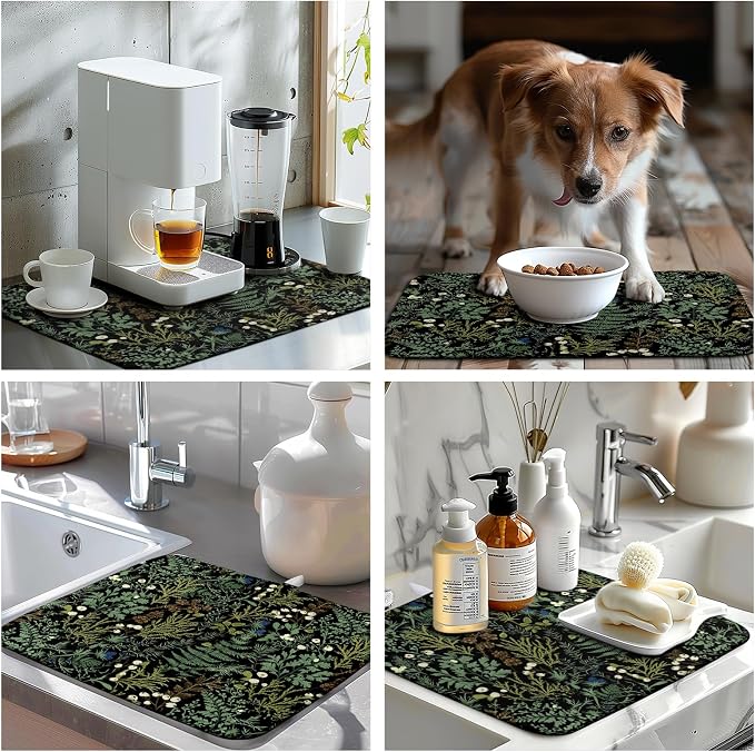 Dish Drying Mat for Kitchen Counter Vintage Green Plant Fern Leaves Floral - Image 7