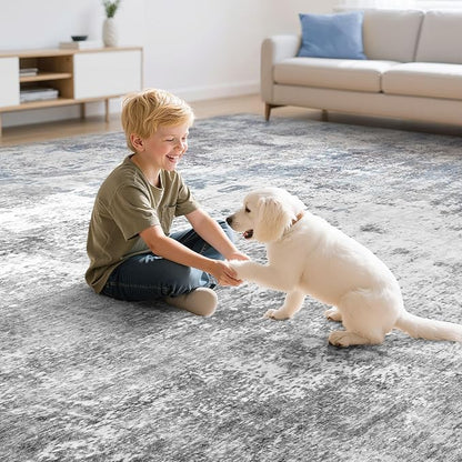 Washable 7x9 Area Rug: Modern Abstract Soft Non-Slip Indoor Rugs Home Decor - Low Pile Stain Resistant Carpet for Living Room Bedroom Dining Room Playroom Office(Blue Grey 7'x9')