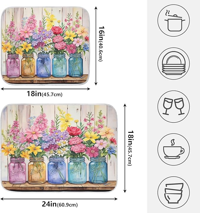 Spring Floral Jars Rustic Dish Drying Mat - Image 2