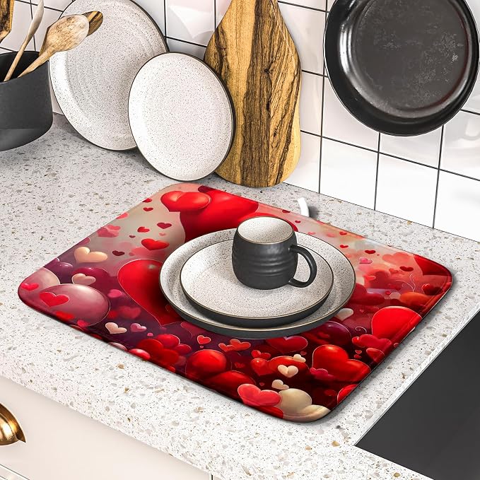 Valentines Day Dish Drying Mat for Kitchen Counter 18x16 Inch Red Heart Drying - Image 2