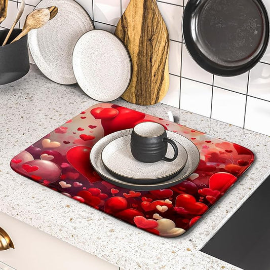 Valentines Day Dish Drying Mat for Kitchen Counter 18x16 Inch Red Heart Drying - Image 2