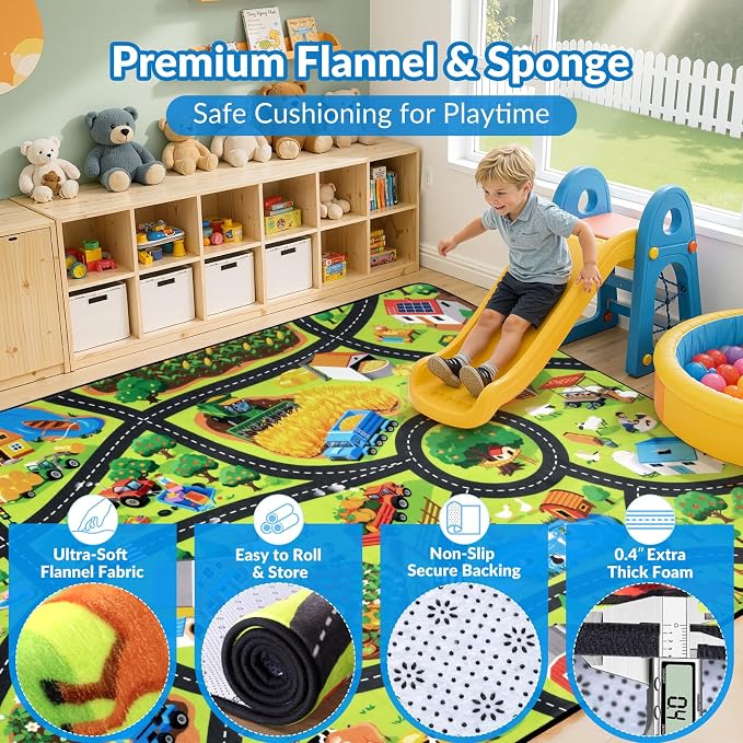 Kids Rug, Fun Farm Car Rugs for Kids' Toy Cars, 6x9 FT Extra Thick Toddler Car - Image 3