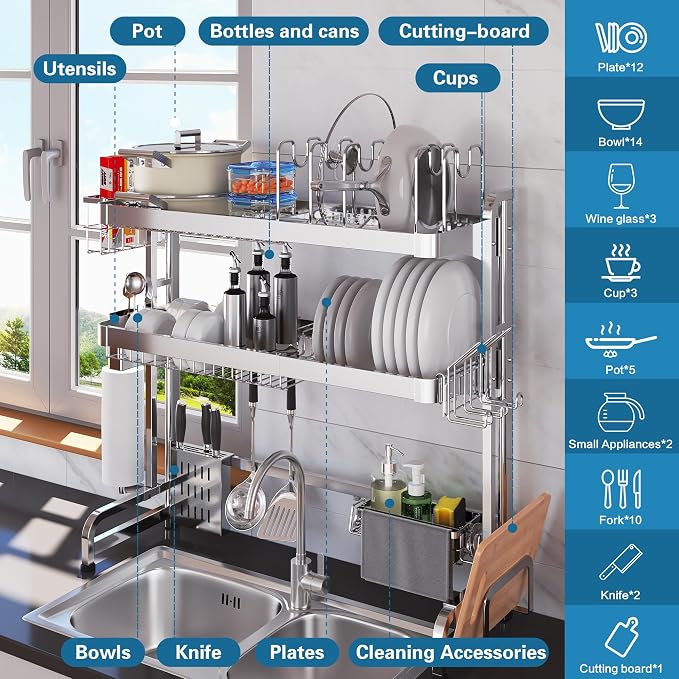 Over The Sink Dish Drying Rack, 3 Tier Adjustable Length Full Stainless Steel - Image 2