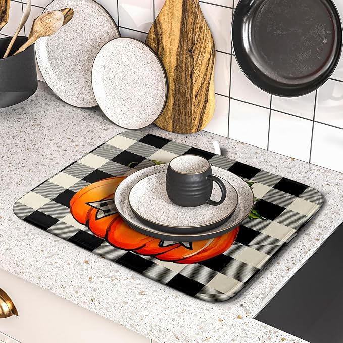 Fall Dish Drying Mat for Kitchen Counter 16x18 Autumn Pumpkin Plaid Theme - Image 5