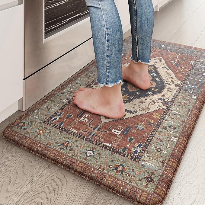 KIMODE Anti Fatigue Kitchen Mats for Floor,17.3" x 29" Vintage Red Cushioned Kitchen Rugs,Non-Slip Waterproof Kitchen Sink Standing Mat Wipe Clean for Kitchen Floor