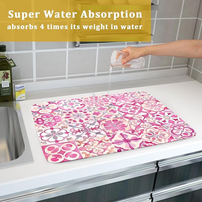 Pink Mexican Tiles Dish Drying Mat Absorbent Microfiber Dish Drying Pad - Image 7
