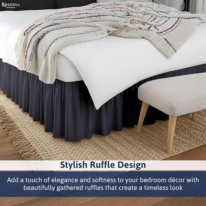 KRISHNA Ruffled Bed Skirt with Split Corners King, 100% Microfiber Hotel Quality, 10 Inch Drop Dust Ruffle Gathered Bedskirt with Platform, 78" x 80", Dark Grey