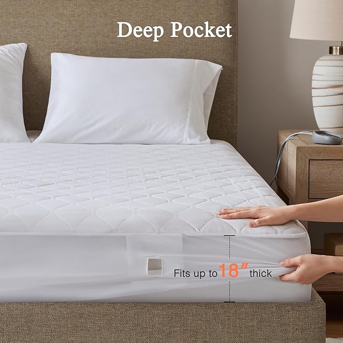 Beautyrest Cotton Blend Heated Mattress Pad Secure Comfort Technology - Luxury Quilted Electric Mattress Pad with Deep Pocket - 5-Setting Heat Controllers, Queen, White