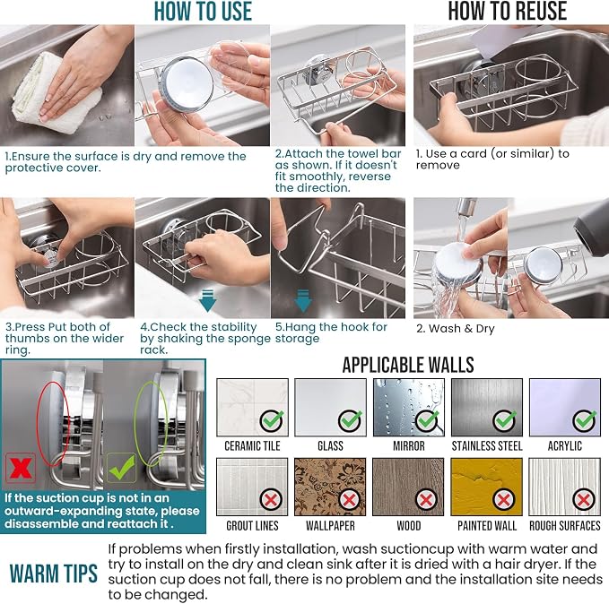 TAILI Sponge Holder with Strong Suction Cup, 4-in-1 Rustproof Sink Organizer - Image 7