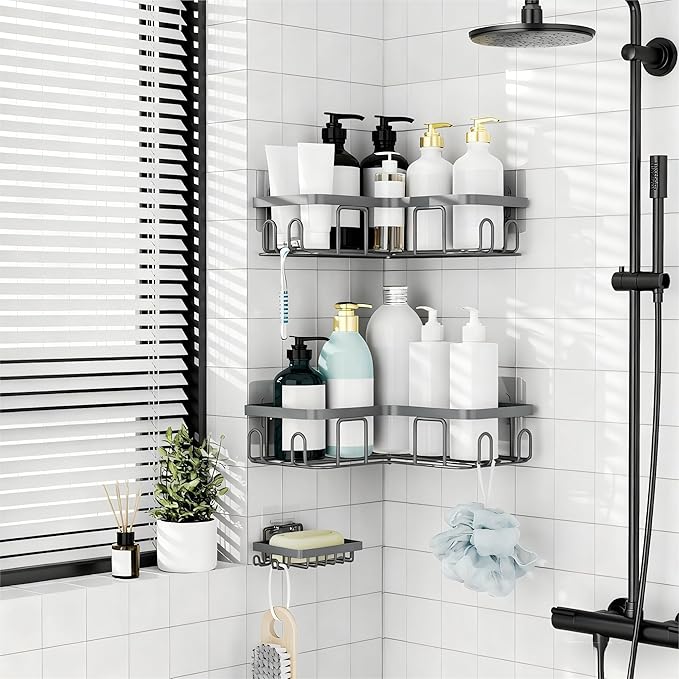 Moforoco Corner Shower Caddy Shelf Organizer Rack, Self Adhesive Grey Bathroom - Image 4