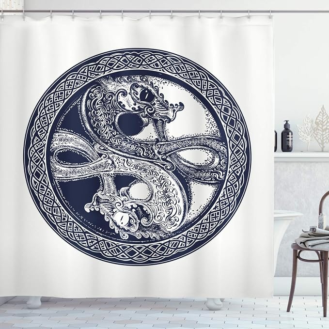 Ambesonne Celtic Dragon Shower Curtain, Mystic Yin Yang Creatures in Round Frame by Ambesonne