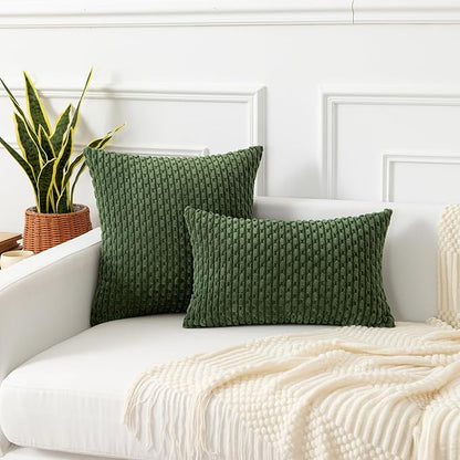Kevin Textile 12x20 Inch Pillow Cover 1 Pack Boho Decorative Soft Striped Corduroy Lumbar Farmhouse Solid Color Accent Rectangle Cushion Case for Living Room Couch Sofa Bed, Moss Green