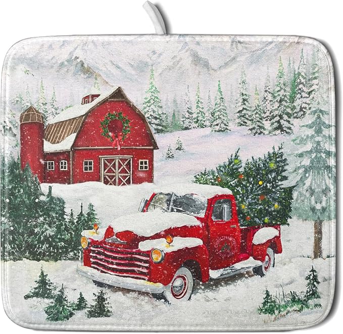 Winter Red Truck Dish Drying Mat Christmas Tree Dishes Pad 16x18 Inch Dish by Giwawa
