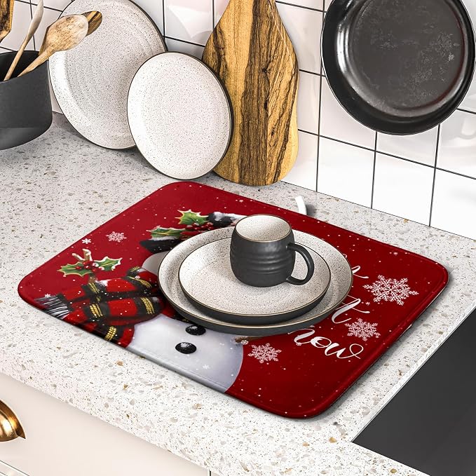 Christmas Dish Drying Mat for Kitchen Counter Snowman Let It Snow Microfiber - Image 5
