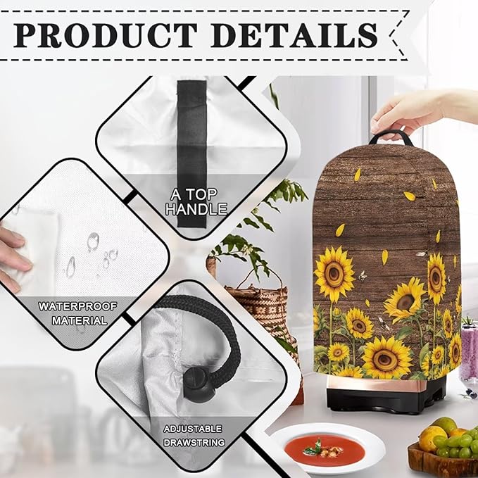 Sunflower Wood Grains Kitchen Blender Food Processor Dust Cover with Top Handle and Drawstring, Dust Protection Easy to Clean Small Appliance Juicer Coffee Maker Cover