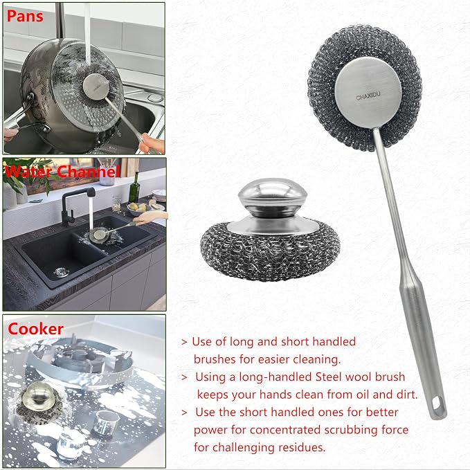 Stainless Steel Wool Scrubber Set, Long Handle & Handle Brushes, Metal Brush - Image 5