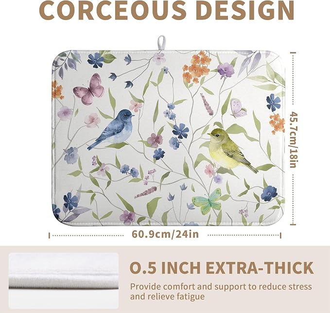 Spring Floral Birds Dish Drying Mats Spring Summer Dish Mat Green Leaf - Image 4