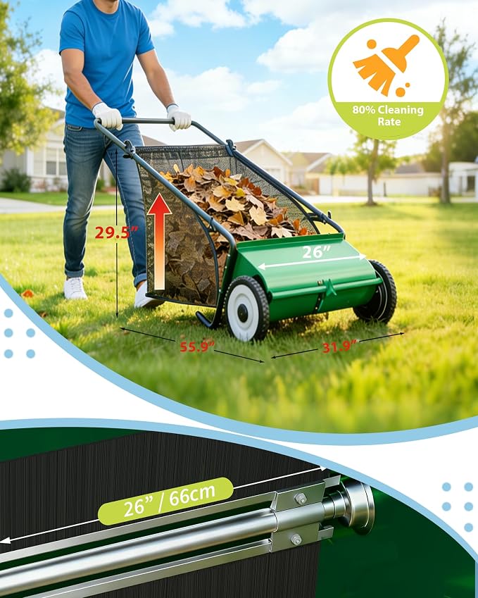 Push Lawn Sweeper, 26 Inch Extra-Wide 4-Brush System, 7 cu.ft. Mesh Bag - Image 5