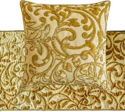The HomeCentric King/Queen/Twin Beige Gold Decorative Bed Runner Full 68"x18" Bed Runner with One Pillow Cover, Cut Velvet, Beaded Bed Scarf on Velvet Fabric - Serene Symphony