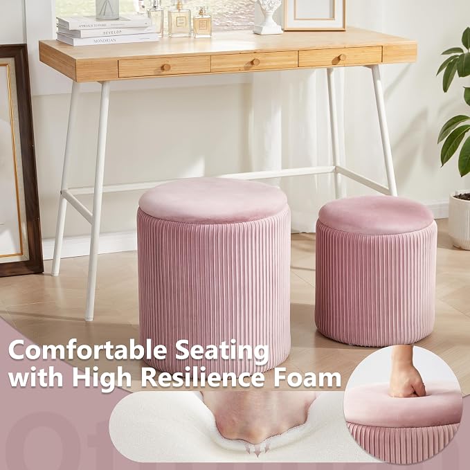 Round Ottoman with Storage Set of 2, Vanity Stool with Storage - Image 5