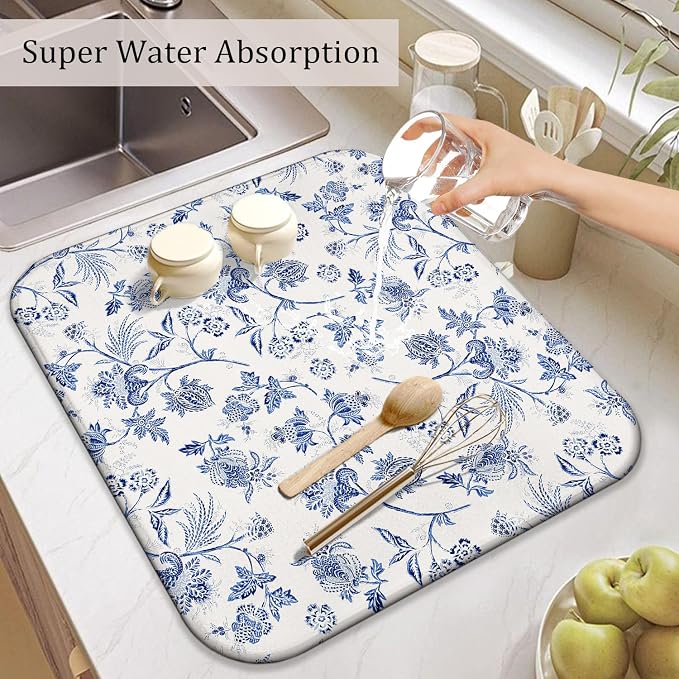 Blue Floral Dish Drying Mat for Kitchen Counter, French Farmhouse Style - Image 5