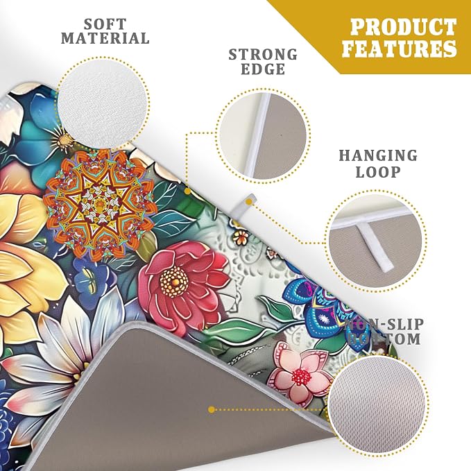 Boho Floral Dish Drying Mat for Kitchen Counter 18x24 Inch Super Absorbent - Image 4