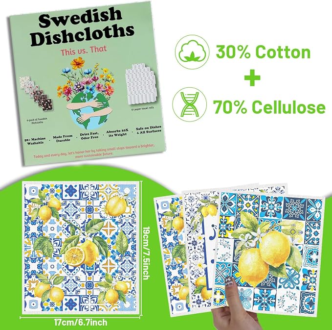 Blue Tiles Lemons Swedish Dishcloths, 6 Pack Reusable Swedish Dish Cloths - Image 2