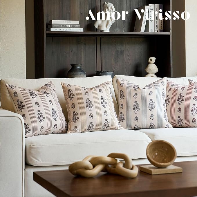 Amor Virisso Floral Throw Pillow Covers 22x22 Set of 2 Block Print Pillow Covers Neutral Floral Striped Farmhouse Decorative Pillow Covers for Sofa Couch Bed, Light Blue