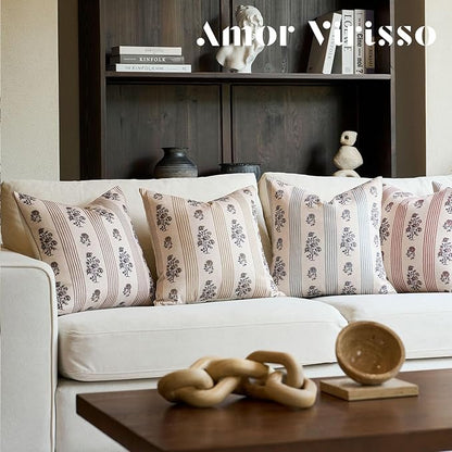 Amor Virisso Floral Throw Pillow Covers 22x22 Set of 2 Block Print Pillow Covers Neutral Floral Striped Farmhouse Decorative Pillow Covers for Sofa Couch Bed, Light Blue