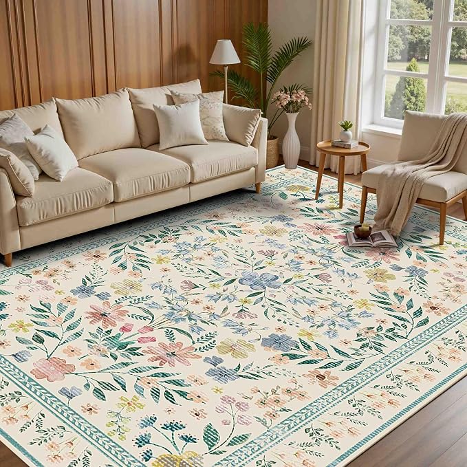 Floral Rug for Living Room Bedroom, 6x9 Washable Rug, Vintage Boho Style - Image 4